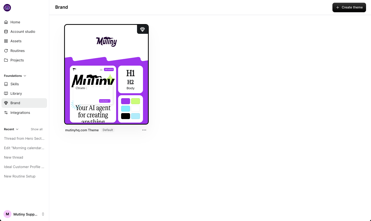 Mutiny Brand overview page showing available brand themes
