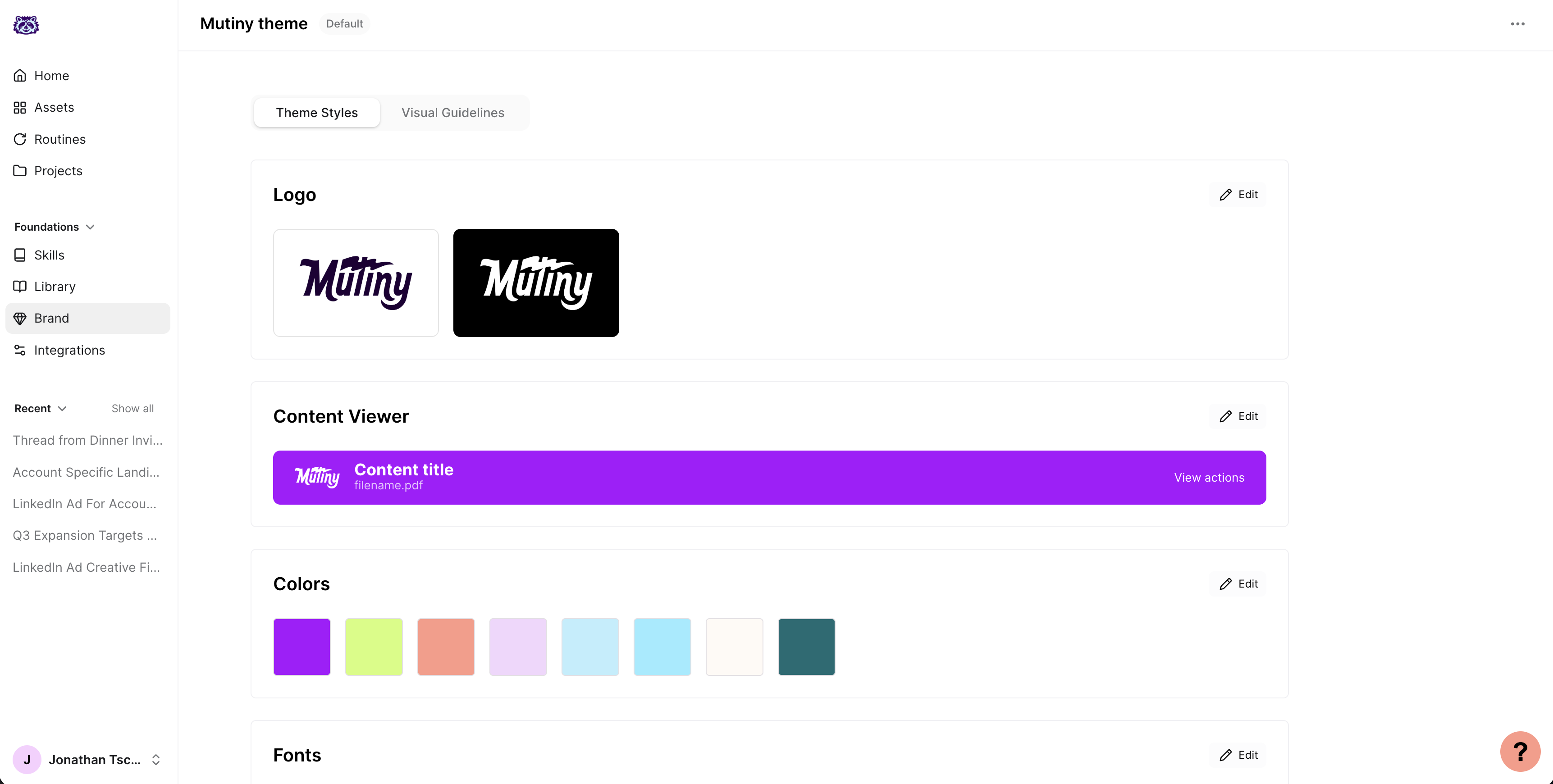 Brand settings panel inside a Mutiny brand theme