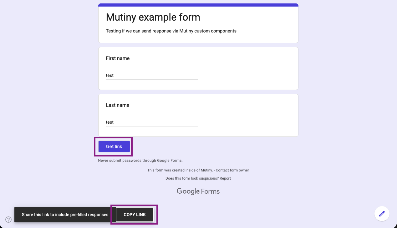 Get link button in the Google Forms pre-fill flow