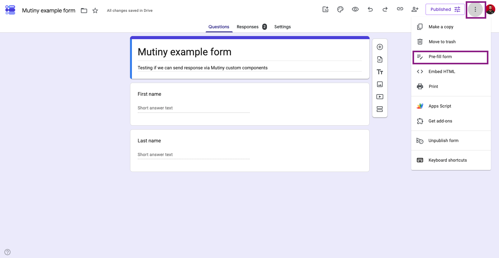 Pre-fill form option in the three-dot menu of a published Google Form